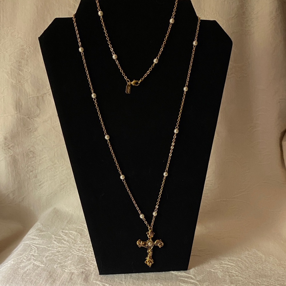 Sweet Gold and Pearl Station Cross Necklace .. 30” with 1-1/2” cross